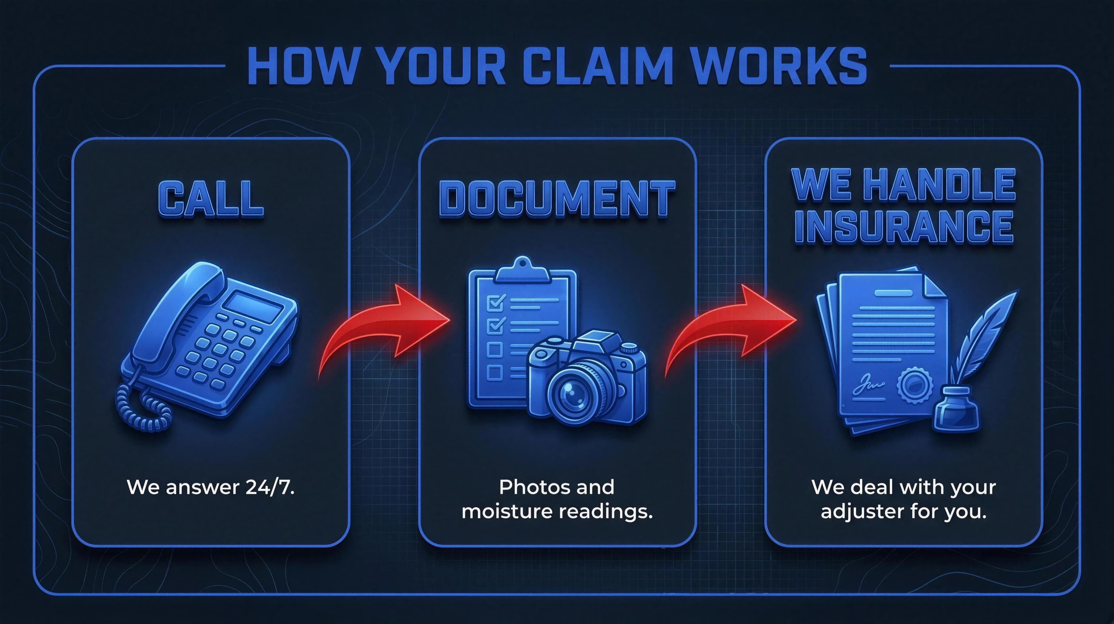 How your insurance claim works in four steps: you call, we document the damage with photos and moisture readings, we bill your insurance directly, and you pay only your deductible.