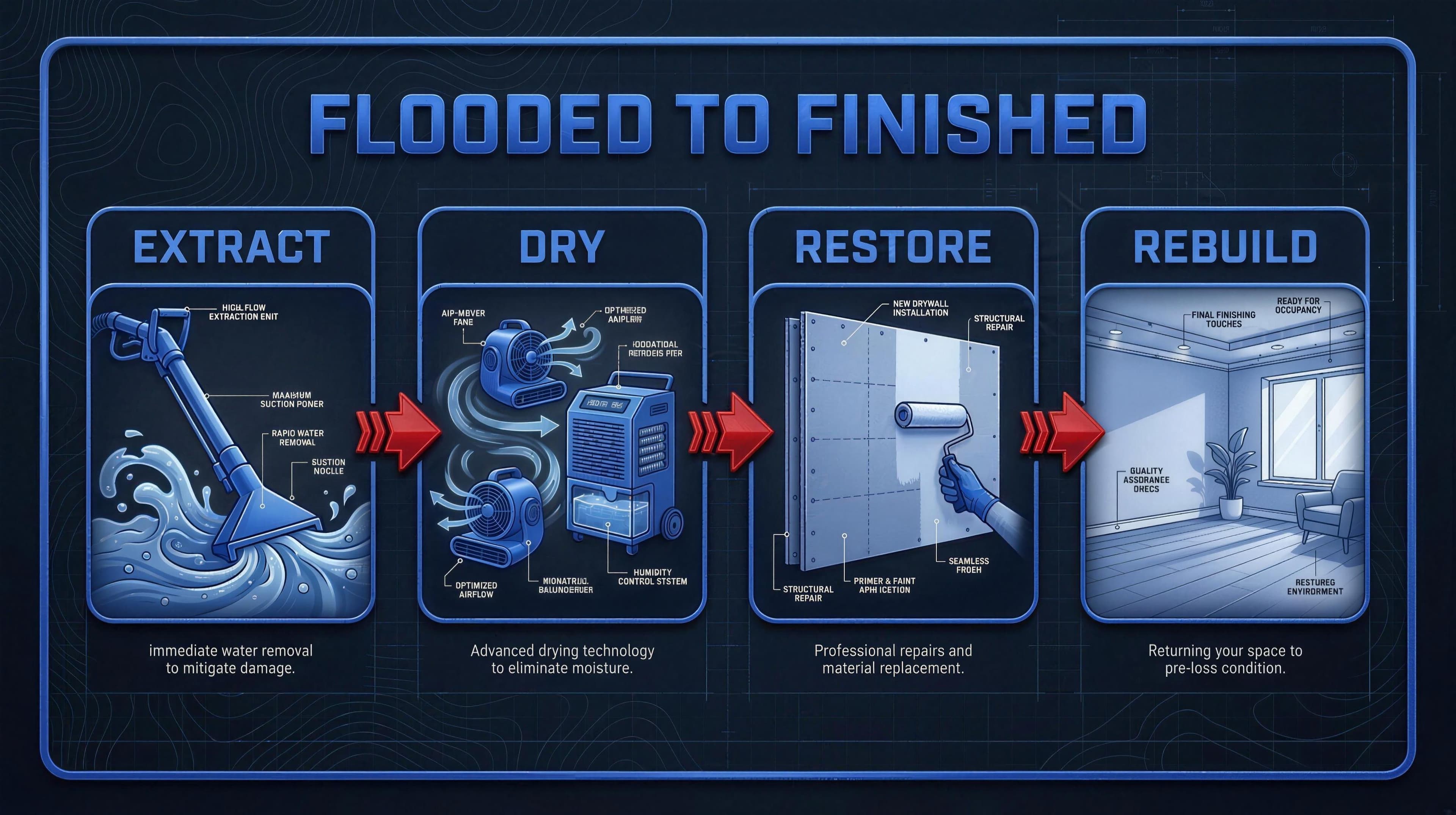Mitig8's water damage process in four stages: Extract standing water, Dry the structure, Restore surfaces, then Rebuild to finished.