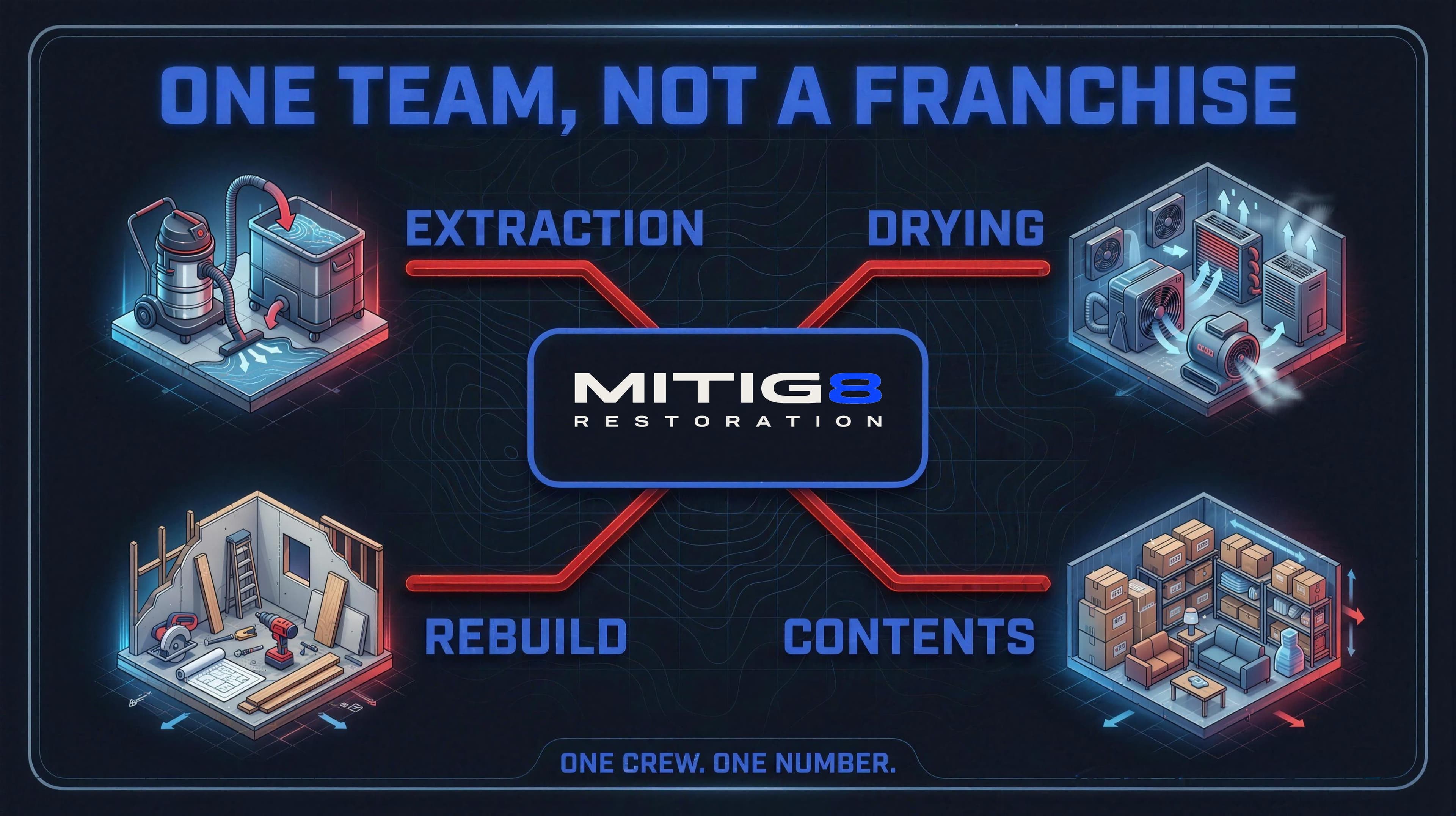 Mitig8 handles the full restoration cycle in-house under one team: water extraction, drying, rebuild, and contents storage. One crew, one number, not a franchise.